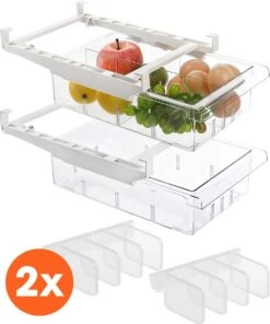 Lenx - Transparante Koelkast Organizer - Set Van 2 - Extra Lade In Koelkast - Bakjes - Doorzichtig Met Scheiding Tot 8 Vakjes - Verstelbaar - Incl. 8 Dividers - BPA Vrij