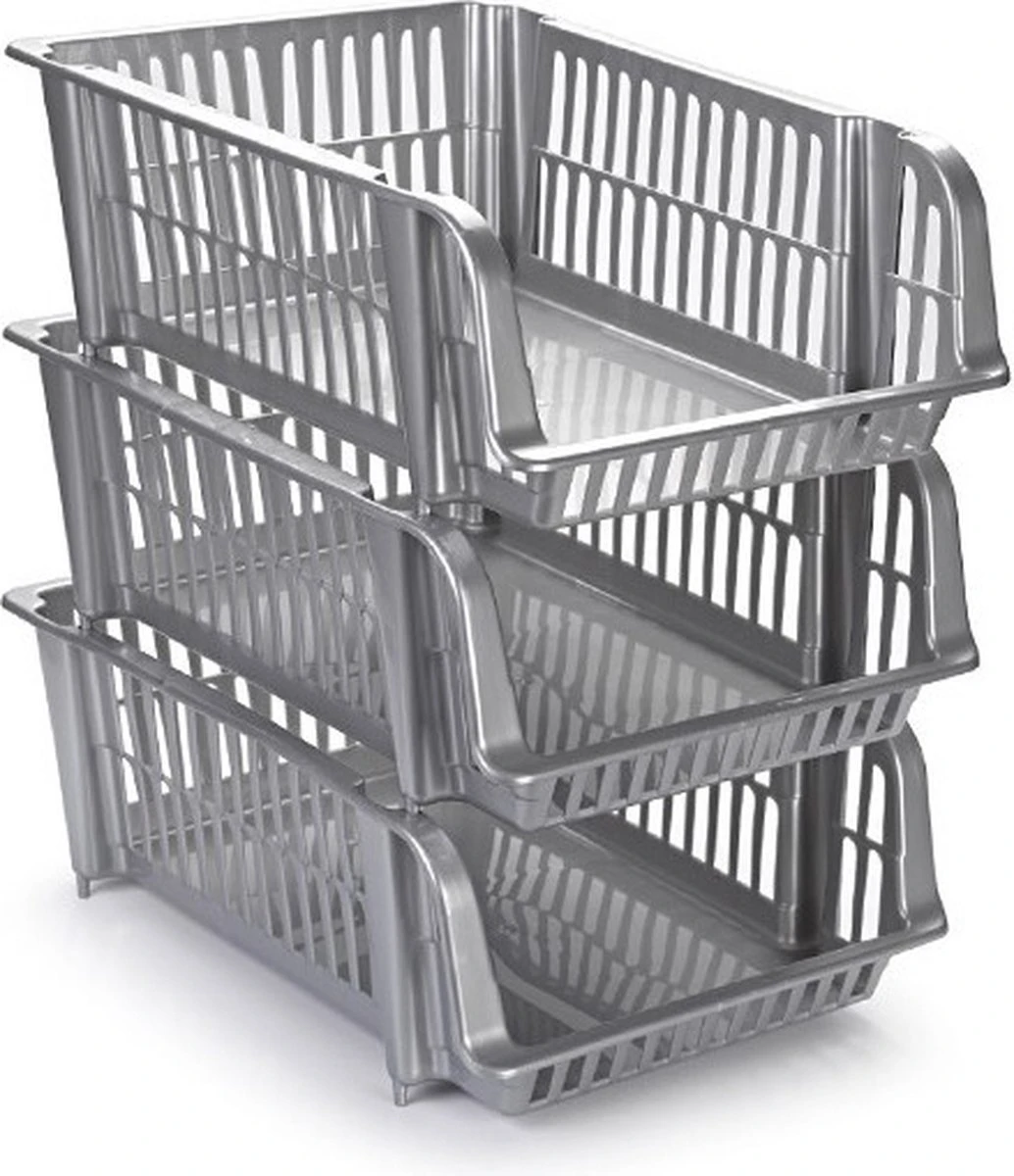 Set Van 2x Stuks Zilvergrijze Opbergmanden Stapelbaar Kunststof - 20 Liter - Opbergen Manden/dozen/bakken - Opbergers 3 Set Van 2x Stuks Zilvergrijze Opbergmanden Stapelbaar Kunststof - 20 Liter - Opbergen Manden/dozen/bakken - Opbergers