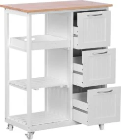 Miadomodo - Keukenwagen Op Wielen Met 3 Laden En 3 Open Vakken Met Legplanken - Hout En MDF - Serveerwagen - Verrijdbare Keukenkast In Landhuisstijl - 67 X 37 X 84cm - Wit/Natuurlijk -Thuisopslag 1036x1200 6