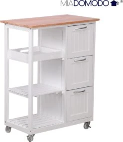 Miadomodo Keukentrolley – Keukentrolley Op Wieltjes – Serveerwagen – Hout – Keukenblok – Keukenkast - 67 X 37 X 84 Cm – 3 Lades – Wit
