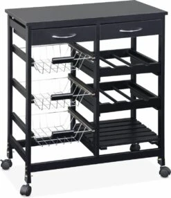 Alice's Garden Keukentrolley CHARLOTTE - 65x35x76cm - 2 Lades, 3 Mandjes, 2 Flessenrekken - Zwart
