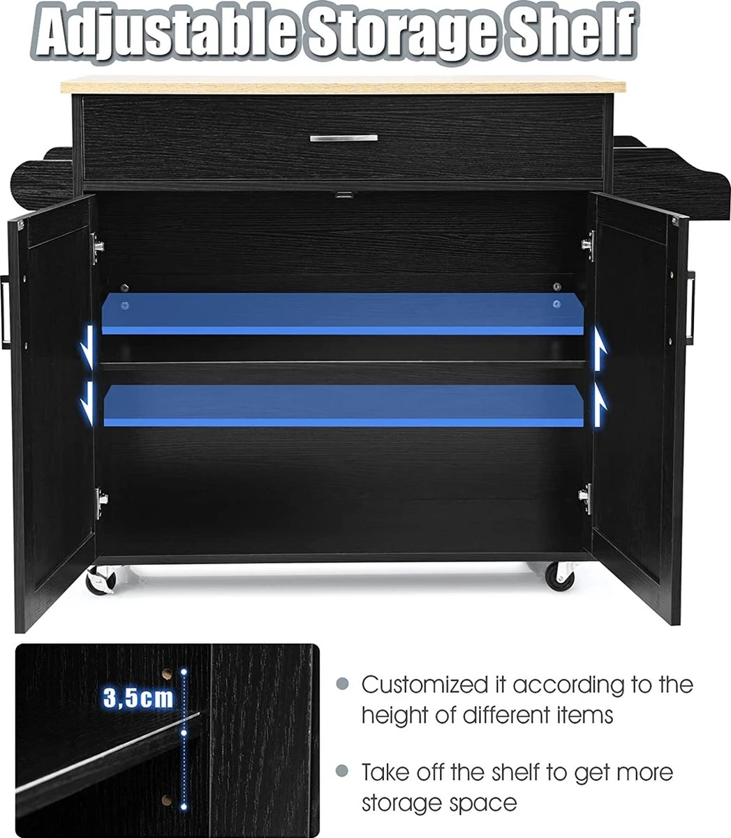 Keukeneiland Serveerwagen, Rollende Keukenwagen Met Vergrendelbare Rubberen Wielen, Grote Kast, Lade, Kruidenrek En Handdoekrek, 3-positie Verstelbare Plank, Keukentrolley, 116 X 40 X 85 Cm (Zwart) 11 Keukeneiland Serveerwagen, Rollende Keukenwagen Met Vergrendelbare Rubberen Wielen, Grote Kast, Lade, Kruidenrek En Handdoekrek, 3-positie Verstelbare Plank, Keukentrolley, 116 X 40 X 85 Cm (Zwart) - Afbeelding 9