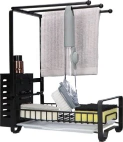Organess®- Vaatdoekhouder - Aanrecht Organiser - Aanrecht Organizer - Gootsteen Organiser - Gootsteen Organizer - Incl. Premium Afwasborstel - Keuken Organizer - Sponshouder - Sponshouder Gootsteen - Aanrechtbakje -RVS - Zwart