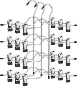 Hoppa! Broekhanger Ruimtebesparend, Meerdere Rokhangers Met Clips, Set Van 3, Metalen Kleerhanger, Voor 4 Broeken Elk, Met 8 Verstelbare Clips, Anti-slip, Voor Broeken, Jeans, 32 Cm, Zilver