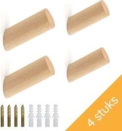 Homium Houten Wandhaken - 8 Cm - 4 Stuks - Beukenhout | Kapstokhaak - Kapstok Haakjes - Ophanghaak - Jashaak - Wandhaak - Wandkapstok - Handdoekhaak - Haken