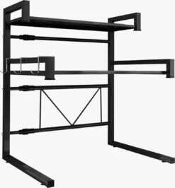 TammaT - Magnetronkast - Keukenrek - Magnetron Bovenkast - Ovenkast - Kruidenrek - Dubbel Laags Keukenkast Voor Boven Magnetron - Breedte Verstelbaar Magnetron Kast - Magnetron Rek - Metaal - Mat Zwart -Thuisopslag 1115x1200 1