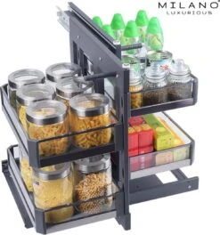 Milano Luxurious® Magic Corner - Hoek Keukenkast Organizer- Uitschuiflades - 4 Plateaus, 2 Levels - 48 X 87 X 58 Cm - Deurbreedte 40 Cm – Antraciet -Thuisopslag 1121x1200 2