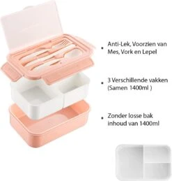 Consumerce® Premium Lunchbox Met 3 Vakken En Bestek Roze – Lunchbox Volwassenen – Japanse Bento Box – Lunchbox Kinderen – Lunchbox Volwassenen Compartimenten – Brooddoos Volwassenen – Broodtrommel – Lunchtrommel – Salade Lunchbox – Saladebox -Thuisopslag 1143x1200