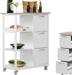 Miadomodo - Keukenwagen Op Wielen Met 3 Laden En 3 Open Vakken Met Legplanken - Hout En MDF - Serveerwagen - Verrijdbare Keukenkast In Landhuisstijl - 67 X 37 X 84cm - Wit/Natuurlijk -Thuisopslag 1154x1200 10