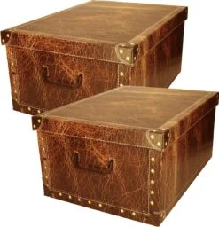 Excellent Houseware Pakket Van 2x Stuks Opbergbox/opbergdoos Van Stevig Karton In De Kleur Bruin Leer Motief Formaat 51 X 37 X 24 Cm Met Deksel