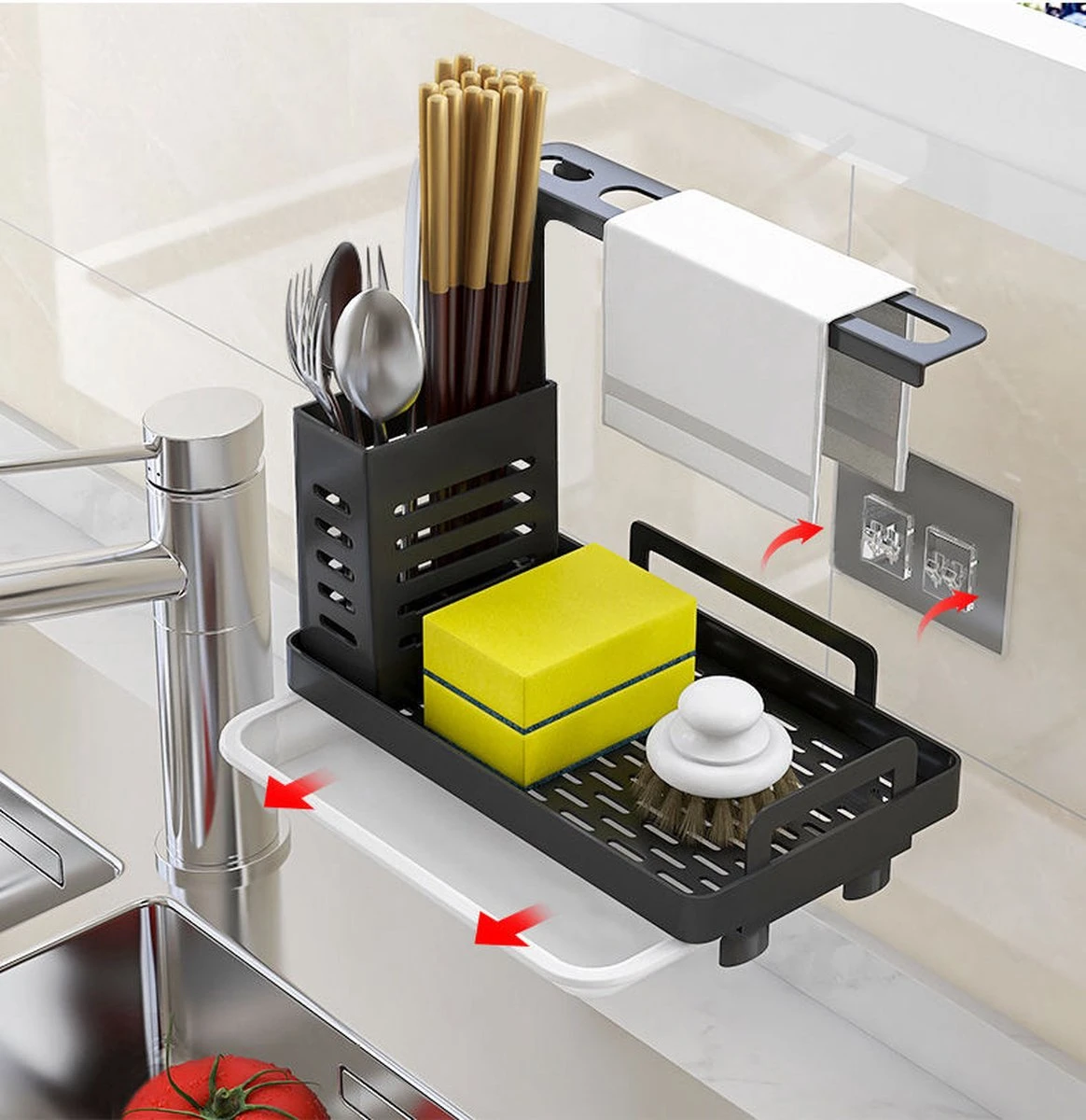 AlShiha® Vaatdoekhouder - Gootsteen Organizer - Aanrecht Organiser - Afdruiprek - Keuken Organizers - Sponshouder - Zwart 5 AlShiha® Vaatdoekhouder - Gootsteen Organizer - Aanrecht Organiser - Afdruiprek - Keuken Organizers - Sponshouder - Zwart - Afbeelding 3