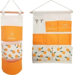 Merkloos Opbergzakken Linnen - 2 Stuks - Oranje / Wit - Muurorganizer - Wandorganizer -Hangende Opberger - Textiel - Organizer Voor Spullen - Opbergzak Hangend - Muurdecoratie