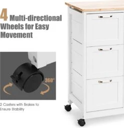 LUXGOODS Keukentrolley Kar, Serveerwagen Met Rubberen Houten Blad En Dennenhouten Poten, Rollende Opbergkast, Keukenwagen Keukeneiland Met Lade, 2 Verdiepingen Opbergplank En 3 Grote Laden (Wit) -Thuisopslag 1167x1200 2