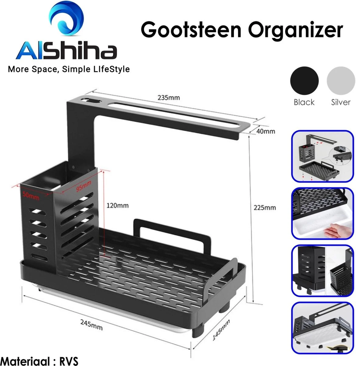AlShiha® Vaatdoekhouder - Gootsteen Organizer - Aanrecht Organiser - Afdruiprek - Keuken Organizers - Sponshouder - Zwart 9 AlShiha® Vaatdoekhouder - Gootsteen Organizer - Aanrecht Organiser - Afdruiprek - Keuken Organizers - Sponshouder - Zwart - Afbeelding 7