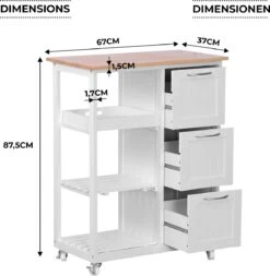 GoodVibes - Keukenwagen Op Wielen Met 3 Laden En 3 Open Vakken Met Legplanken - Hout En MDF - Serveerwagen - Verrijdbare Keukenkast In Landhuisstijl - 67 X 37 X 84cm - Wit/Natuurlijk -Thuisopslag 1171x1200 3