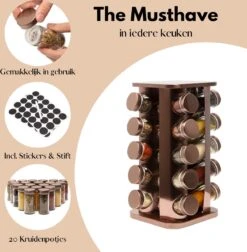 Pazzo Goods - Kruidenrek Staand - Kruidenrek Met Potjes - Rose Goud - RVS - Kruidenrek Draaibaar - 20 Kruidenpotjes - Inclusief Stickers & Stift - Kruiden Carrousel -Thuisopslag 1174x1200 2