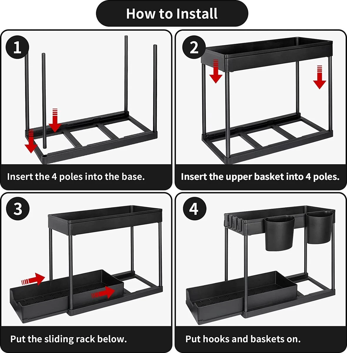 YOCOLE Rek Voor Onder De Wastafel, Rek Met 2 Etages, Uittrekbaar Rek Voor Onder De Wastafel, Opslag Onder De Gootsteen, Met 4 Haken En 2 Bakken, Organizer Voor Onder De Wastafel, Kast, Voor Badkamer, Keuken, Zwart 9 YOCOLE Rek Voor Onder De Wastafel, Rek Met 2 Etages, Uittrekbaar Rek Voor Onder De Wastafel, Opslag Onder De Gootsteen, Met 4 Haken En 2 Bakken, Organizer Voor Onder De Wastafel, Kast, Voor Badkamer, Keuken, Zwart - Afbeelding 7