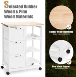 LUXGOODS Keukentrolley Kar, Serveerwagen Met Rubberen Houten Blad En Dennenhouten Poten, Rollende Opbergkast, Keukenwagen Keukeneiland Met Lade, 2 Verdiepingen Opbergplank En 3 Grote Laden (Wit) -Thuisopslag 1180x1200 3