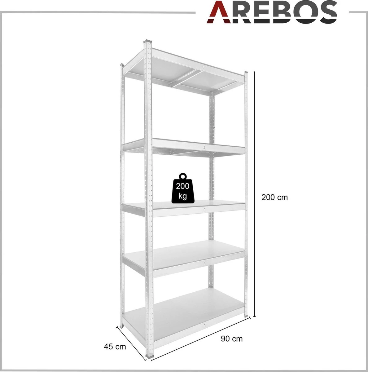AREBOS Stellingkast - Opbergrek - 5 Planken - 1000 Kg Draagkracht - 90x45x200 Cm - Metaal/MDF - Te Gebruiken Als Werkbank 4 AREBOS Stellingkast - Opbergrek - 5 Planken - 1000 Kg Draagkracht - 90x45x200 Cm - Metaal/MDF - Te Gebruiken Als Werkbank - Afbeelding 2