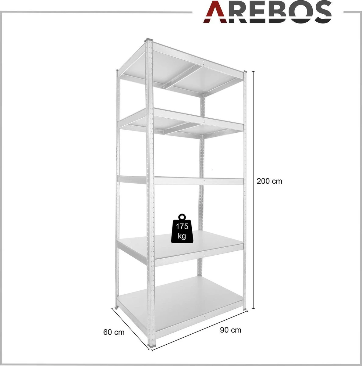 AREBOS Stellingkast - Opbergrek - 5 Planken - 875 Kg Draagkracht - 90x60x200 Cm - Metaal/MDF - Te Gebruiken Als Werkbank 4 AREBOS Stellingkast - Opbergrek - 5 Planken - 875 Kg Draagkracht - 90x60x200 Cm - Metaal/MDF - Te Gebruiken Als Werkbank - Afbeelding 2