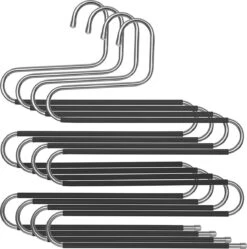 Broekenhangers, Set Van 4, Meerdere Ruimtebesparende Metalen Hangers, Voor 5 Broeken Per Stuk, S-vorm, Anti-slip, Garderobe, Voor Broeken, Jeans, Sjaals, Handdoeken, Stropdassen