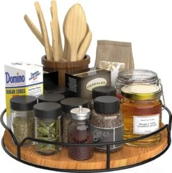 Merkloos Lazy Susan Draaiplateau-organizer Voor Kast, Eetkamer, Keuken, Werkblad, Koelkast, Kast, Grenenhout, 23 Cm, Gecarboniseerd Zwart