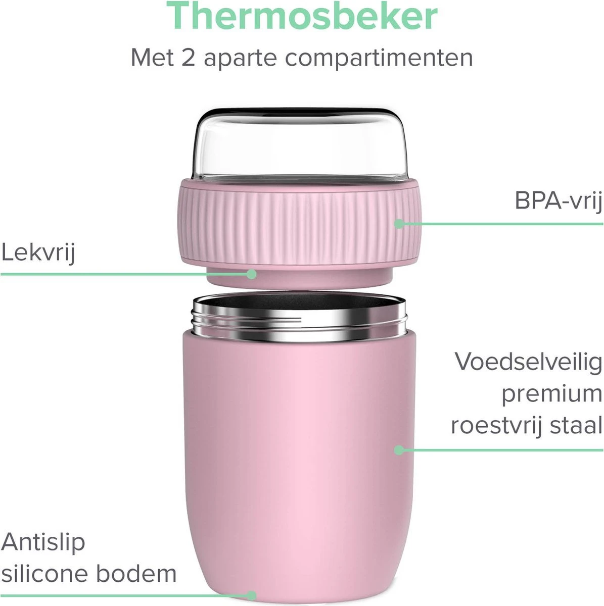 Coninx Thermos Lunchbox - Muesli Beker To Go - Isoleer Lunchpot - Yoghurtbeker To Go - Mueslibeker 840ml (600ml+240ml) - RVS / Roze 9 Coninx Thermos Lunchbox - Muesli Beker To Go - Isoleer Lunchpot - Yoghurtbeker To Go - Mueslibeker 840ml (600ml+240ml) - RVS / Roze - Afbeelding 7