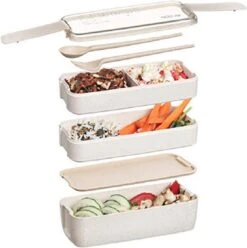 Bento Lunchbox - Lunchtrommel 900ml 3 Laags - Inclusief Bestek - Beige - Opline -Thuisopslag 1196x1200