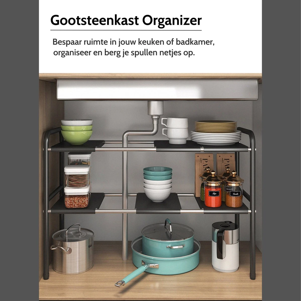 Gootsteenkast Organizer - 1 Laags - Gootsteenrek - Pannenrek - Uitrekbaar - Voor Gootsteen, Keukenkast, Badkamer, Keukenlade, Bureau 11 Gootsteenkast Organizer - 1 Laags - Gootsteenrek - Pannenrek - Uitrekbaar - Voor Gootsteen, Keukenkast, Badkamer, Keukenlade, Bureau - Afbeelding 9