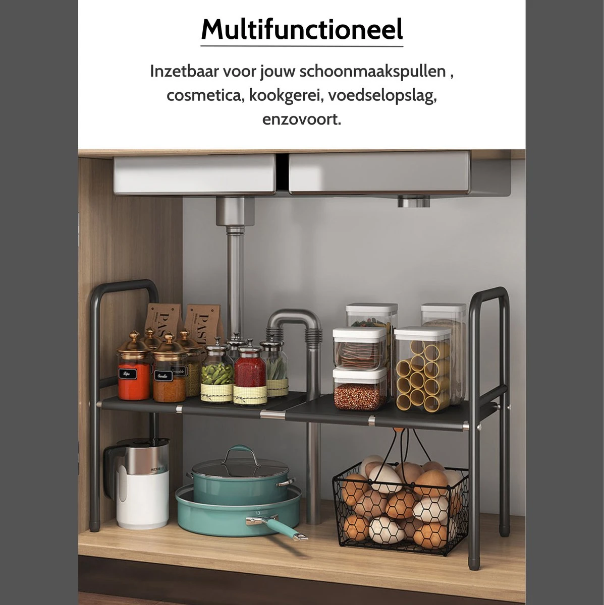 Gootsteenkast Organizer - 1 Laags - Gootsteenrek - Pannenrek - Uitrekbaar - Voor Gootsteen, Keukenkast, Badkamer, Keukenlade, Bureau 8 Gootsteenkast Organizer - 1 Laags - Gootsteenrek - Pannenrek - Uitrekbaar - Voor Gootsteen, Keukenkast, Badkamer, Keukenlade, Bureau - Afbeelding 6