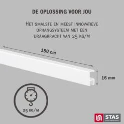 STAS Schilderijrail - Ophangsysteem Schilderijen / Fotolijsten / Poster - Ophangrails - Zonder Boren - Ophanghaak - Ophangrek - Schilderijrail - Minirail - Wit -150 Cm - Complete Kit -Thuisopslag 1198x1200 33