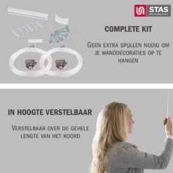 STAS Schilderijrail - Ophangsysteem Schilderijen / Fotolijsten / Poster - Ophangrails - Zonder Boren - Ophanghaak - Ophangrek - Schilderijrail - Minirail - Wit -150 Cm - Complete Kit -Thuisopslag 1198x1200 34