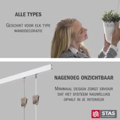 STAS Schilderijrail - Ophangsysteem Schilderijen / Fotolijsten / Poster - Ophangrails - Zonder Boren - Ophanghaak - Ophangrek - Schilderijrail - Minirail - Wit -150 Cm - Complete Kit -Thuisopslag 1198x1200 35