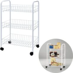 Cheqo® Keukentrolley - Opbergrek Verrijdbaar - Rolwagen - Keukenrek - Trolley - Voor Badkamer Of Keuken - Wit Met 3 Manden - 40x26xH62cm