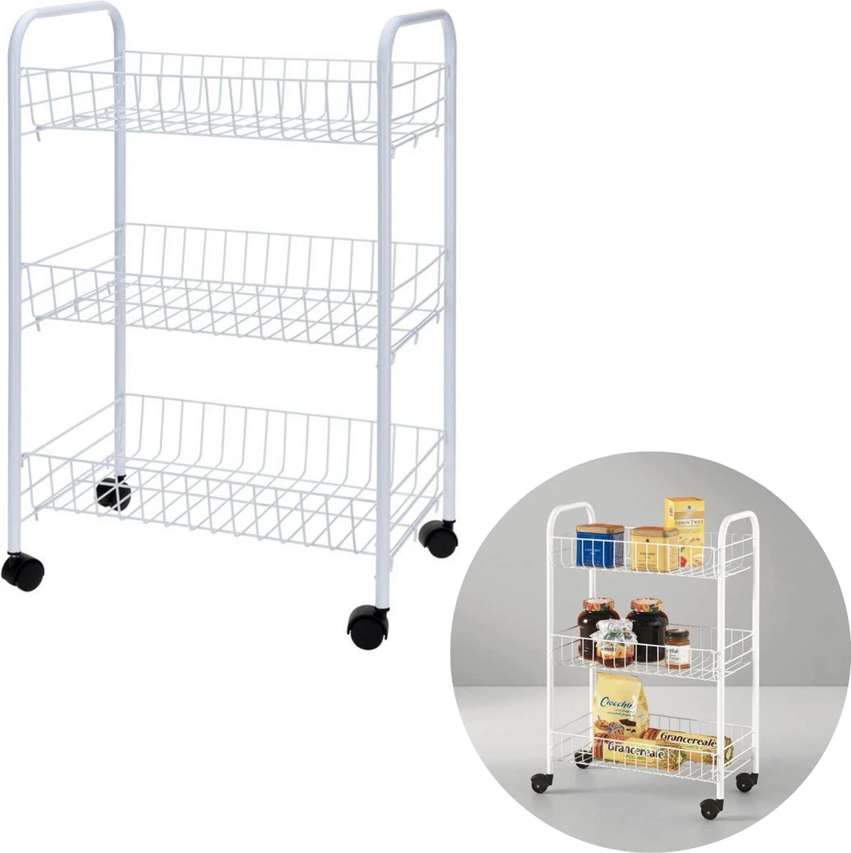 Cheqo® Keukentrolley - Opbergrek Verrijdbaar - Rolwagen - Keukenrek - Trolley - Voor Badkamer Of Keuken - Wit Met 3 Manden - 40x26xH62cm 3 Cheqo® Keukentrolley - Opbergrek Verrijdbaar - Rolwagen - Keukenrek - Trolley - Voor Badkamer Of Keuken - Wit Met 3 Manden - 40x26xH62cm