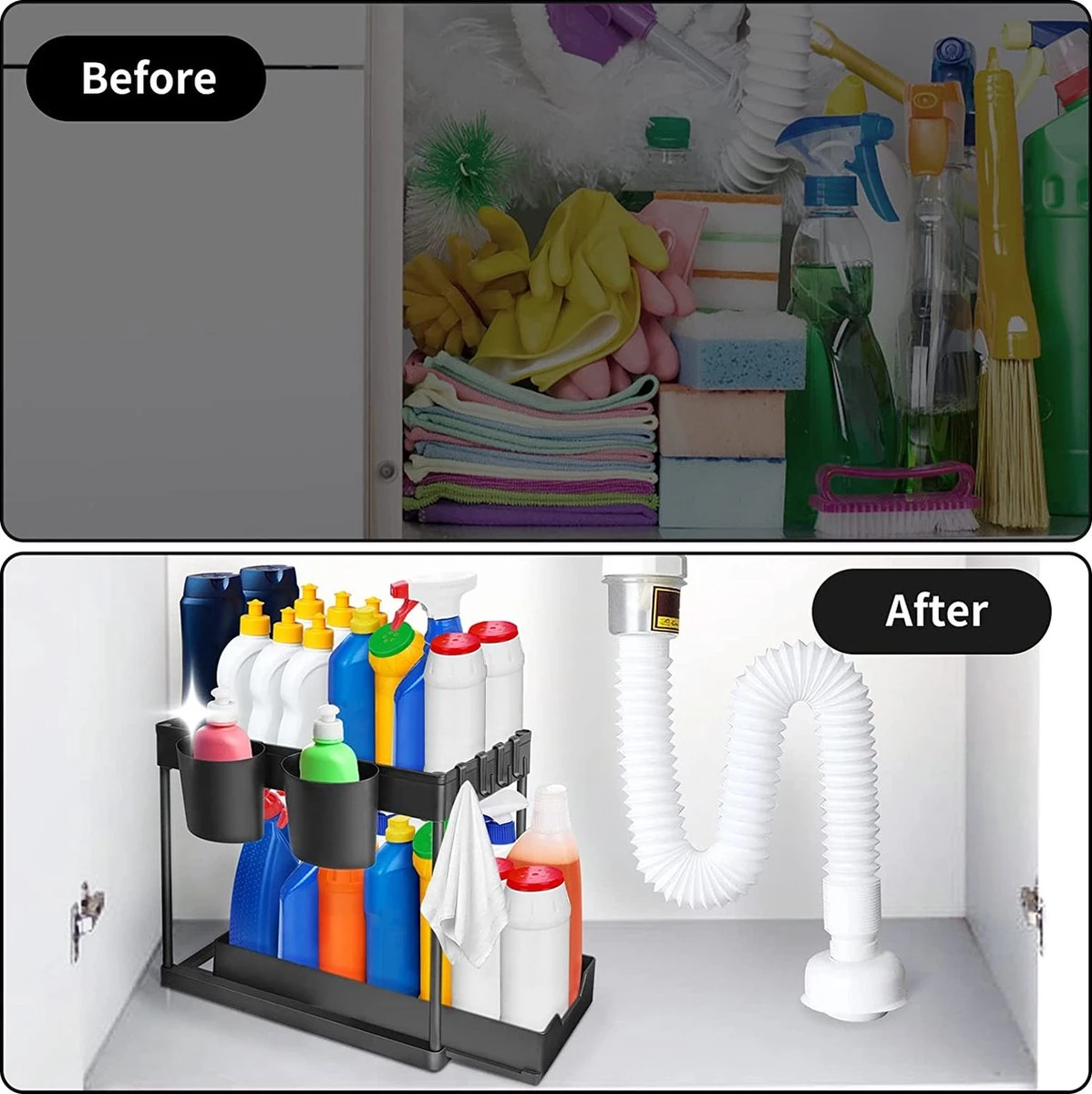 YOCOLE Rek Voor Onder De Wastafel, Rek Met 2 Etages, Uittrekbaar Rek Voor Onder De Wastafel, Opslag Onder De Gootsteen, Met 4 Haken En 2 Bakken, Organizer Voor Onder De Wastafel, Kast, Voor Badkamer, Keuken, Zwart 4 YOCOLE Rek Voor Onder De Wastafel, Rek Met 2 Etages, Uittrekbaar Rek Voor Onder De Wastafel, Opslag Onder De Gootsteen, Met 4 Haken En 2 Bakken, Organizer Voor Onder De Wastafel, Kast, Voor Badkamer, Keuken, Zwart - Afbeelding 2