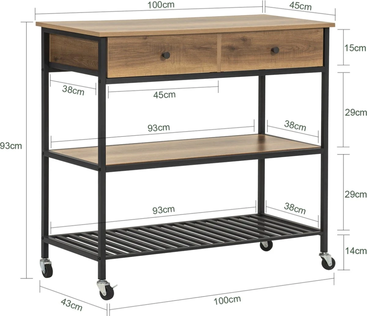 Mara Keukentrolley Op Wieltjes - Opbergtrolley - Serveerwagen - 2 Lades - 100 X 45 X 93 Cm 4 Mara Keukentrolley Op Wieltjes - Opbergtrolley - Serveerwagen - 2 Lades - 100 X 45 X 93 Cm - Afbeelding 2