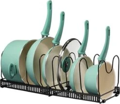 Golden Keuken Kookgerei Pan Pot Deksel Organizer- Rack Keuken Pan Organizer- Totaal 7 Verstelbare Compartimenten-Pannenrek-Kitchary Keukenrek-Zwart