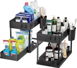 Merkloos Onder Gootsteen Opbergrek Set Van 2 - Multifunctionele Organizer Voor Keuken - 2-Laags Uitschuifbaar Onder Kastmandlade - Organizer Bakjes - Organizer Keukenkast 40x22x31cm - Uitschuifbare L