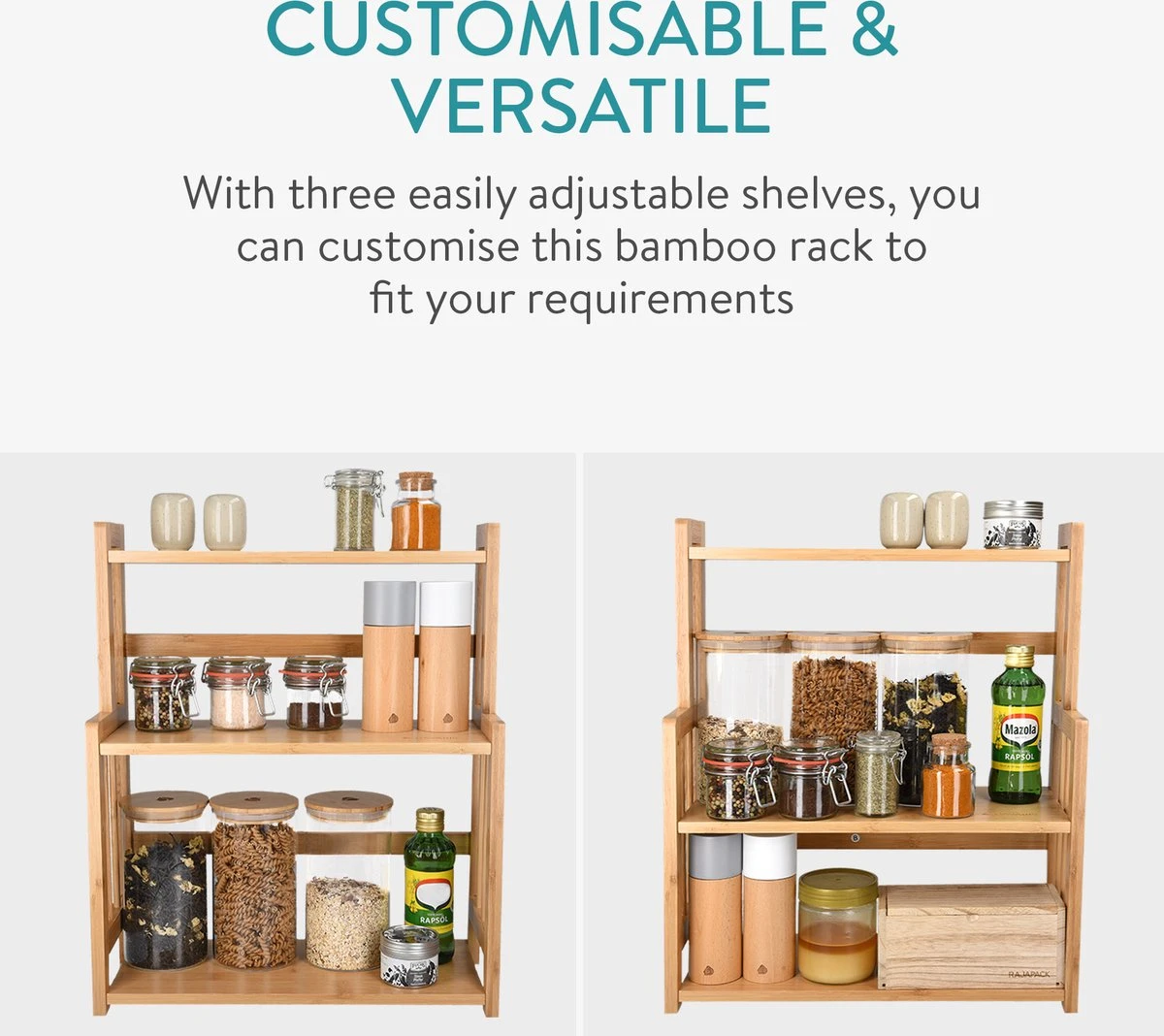 Navaris Keukenrek Met 3 Planken - Verstelbaar Kruidenrek Van Bamboe - Staand - Stevige Constructie - Natuurlijk Bamboehout - Waterafstotend 7 Navaris Keukenrek Met 3 Planken - Verstelbaar Kruidenrek Van Bamboe - Staand - Stevige Constructie - Natuurlijk Bamboehout - Waterafstotend - Afbeelding 5