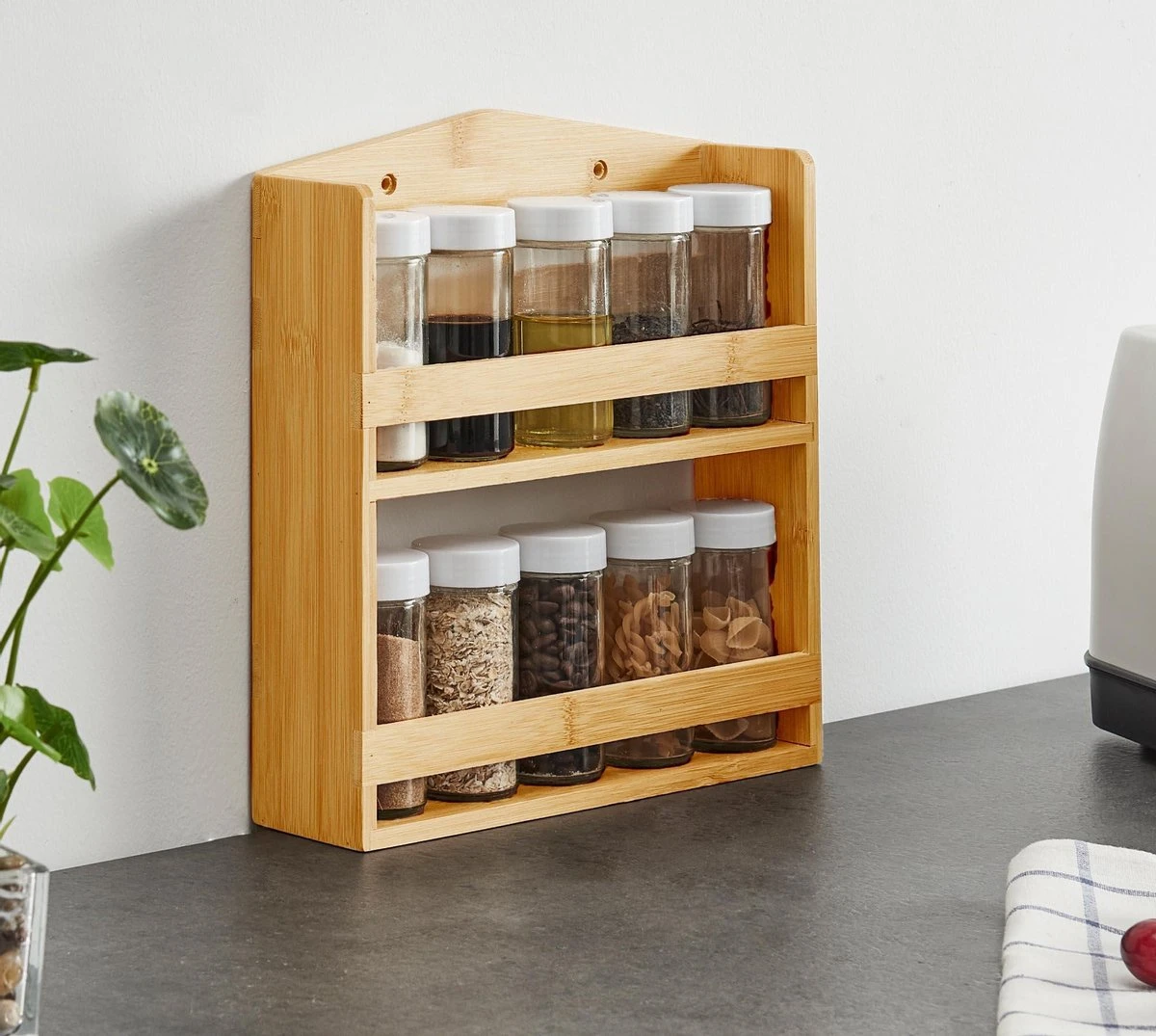 ACAZA Ophangbaar Kruidenrek Met 10 Glazen Kruidenpotjes, Spice Rack, Keuken Rek, Kruiden Organizer Voor Specerijen, Peper, Zout, 26 Cm Breed, Bamboe 6 ACAZA Ophangbaar Kruidenrek Met 10 Glazen Kruidenpotjes, Spice Rack, Keuken Rek, Kruiden Organizer Voor Specerijen, Peper, Zout, 26 Cm Breed, Bamboe - Afbeelding 4