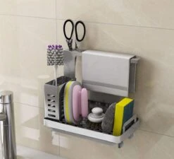 AlShiha® Gootsteen Organizer - Vaatdoekhouder - Aanrecht Organiser - Afdruiprek - Keuken Organizers - Sponshouder - Zilver -Thuisopslag 1200x1094 5
