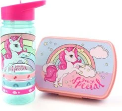 Unicorn Broodtrommel + PET Drinkfles Lichtblauw | Eenhoorn Lunchbox Set Voor Meisjes LS22 -Thuisopslag 1200x1095