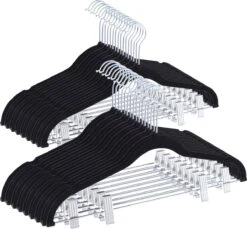 ACAZA Set Van 20 Fluwelen Kledinghangers Met Clips - Kleerhangers Met Knijpers Voor Rok, Broek - Metalen Haak - Zwart