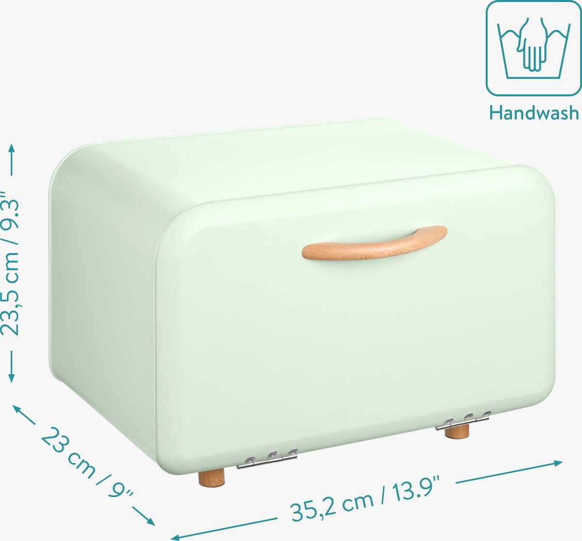 Navaris Metalen Broodtrommel Met Klapdeksel - Vershouddoos Voor Brood - 35 X 24 X 23 Cm - Van Ijzer Met Houten Details In Mintgroen 7 Navaris Metalen Broodtrommel Met Klapdeksel - Vershouddoos Voor Brood - 35 X 24 X 23 Cm - Van Ijzer Met Houten Details In Mintgroen - Afbeelding 5