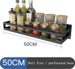 Merkloos Kruidenrek / Opbergrek - RVS - Perforatievrij Aan De Muur Gemonteerd - 50x13x6 Cm - Zwart -Thuisopslag 1200x1116