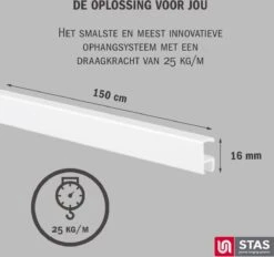 STAS Schilderijrail - Ophangsysteem Schilderijen / Fotolijsten / Poster - Ophangrails - Zonder Boren - Ophanghaak - Ophangrek - Schilderijrail - Minirail - Wit -150 Cm - Complete Kit -Thuisopslag 1200x1125 4