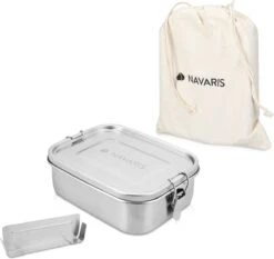 Navaris RVS Broodtrommel Met Verdeler - Meal Prep Bakje - Vershouddoos - Lunchbox - 17 X 13 X 6 Cm - Inhoud 0,8 Liter - Vaatwasbestendig