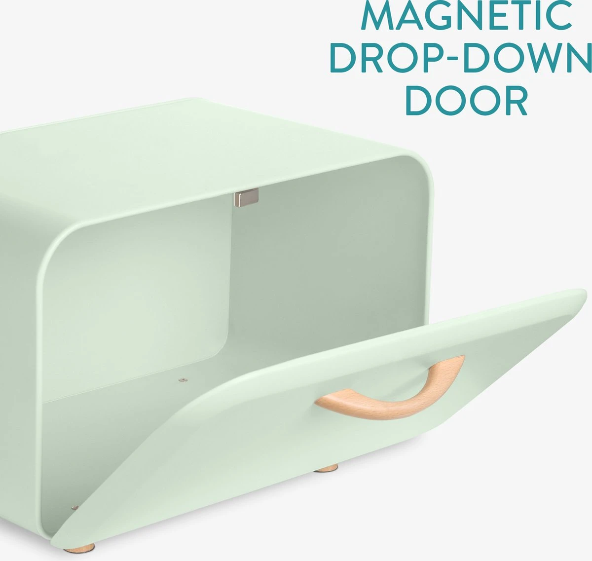 Navaris Metalen Broodtrommel Met Klapdeksel - Vershouddoos Voor Brood - 35 X 24 X 23 Cm - Van Ijzer Met Houten Details In Mintgroen 4 Navaris Metalen Broodtrommel Met Klapdeksel - Vershouddoos Voor Brood - 35 X 24 X 23 Cm - Van Ijzer Met Houten Details In Mintgroen - Afbeelding 2