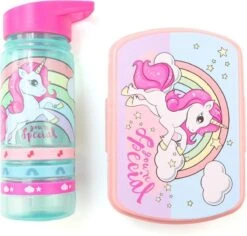 Unicorn Broodtrommel + PET Drinkfles Lichtblauw | Eenhoorn Lunchbox Set Voor Meisjes LS22 -Thuisopslag 1200x1145